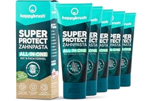 ‎HAPPYBRUSH happybrush Zahnpasta SuperProtect All-in-One 9-fach Formel pflegt das Zahnfleisch, hilft Karies vorzubeugen - Klinisch getestete Zahncreme im 5er Pack mit Frischem Minz-Geschmack