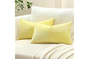 Sungeek Set of 2 Decorative Cushion Covers 30 x 50cm Soft Corduroy Striped Cross Patchwork Textured Pillow Covers Solid Lumbar Throw Pillow Cases for Sofa Bed Patio 12x20 Inch, Yellow