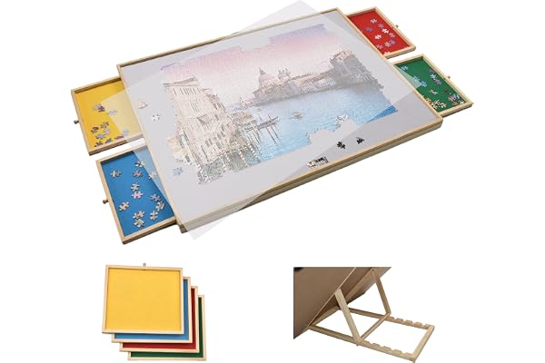 FLINQ Table de Puzzle Inclinable avec Plateaux de Rangement – Plateau à Puzzle en Bois pour 1500 Pièces – Support avec 4 Tiroirs – Planche Pliable 89x68 cm