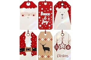 GEBETTER 24 Stück 6 Stile Geschenkanhänger Weihnachten Etiketten Weihnachtsmann Elch Weihnachtskugeln Gift Tags Weihnachtsanhänger für Adventskalender Geschenke Anhänger (Rot)
