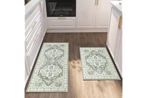 Cekene Boho Kitchen Carpet Runners Non-Slip Kitchen Runner Rugs Washable Kitchen Mats 2 Piece Absorbent Soft Low Pile Area Floor Rug for Laundry Room Bedroom Entrance(Green,50x80cm+50x120cm)