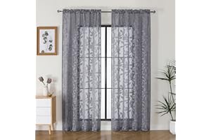 OVZME Grey Sheer Curtains 84 inches Long 2 Panels for Living Room, Jacquard Clip Leaf Pattern Textured Light Filtering Window Semi Sheer Voile Drapes for Bedroom, Each Panel 42 x 84 Inch