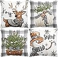 Christmas Cushion Covers - Christmas Decorations Pillow Cases 45 x 45cm Set Of 4 Grey And White Throw Pillow Cover, Snowflake Stag Cushions Xmas Cushion Covers For Home Sofa Living Room Decorations