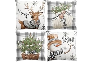 4er Set Kissenbezug Weihnachten, Weiß Und Grau Rentier Deko Weihnachten Kissenbezug 45x45cm,Weihnachtsdeko Kissenbezüge Kariert Für Christmas Decorations Indoor, Winter Deko Wohnzimmer Sofa Bettwäsche