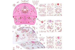 HOCUCHELAND Geschenke für Mädchen, 2 Stück DIY Baseballkappe, Verstellbar Baseball Cap Selbst Gestalten Baseballkappe mit 8 Blätter Glitzersteine Aufklebern, Personalisierten Kappe Sonnenhut für Mädchen