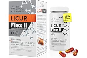 BIO MEDICAL PHARMA Curcuma Gélules Hautement Biodisponibles avec Collagène UC-II, Vitamines C & D, Manganèse et Cuivre – 185x Meilleure Absorption – Sans Pipérine – 1 Gélule/Jour – Licur Flex II (Pack Mensuel)