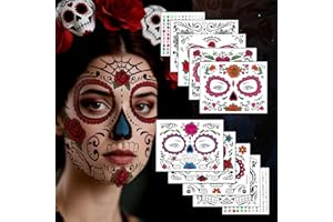 LLNRC Tatouages Halloween Visage,Autocollants Temporaires Crâne de Sucre de Tatouages avec Crâne Floral, Faciaux,Crâne Mort Floral pour Carnaval, Mascarade,Costume Halloween Jour des pour Femmes Maquillage