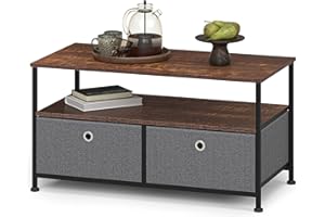 ‎WEEU WEEU Beistelltisch Couchtisch Kaffeetisch Metall mit 2 Schubladen aus Stoff und Offenem Fach Sofatisch Quadratisch TV Schrank Klein mit Ordnungsboxen aus Holz und Stahl für Wohnzimmer Schwarz & Grau