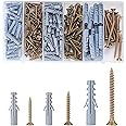 249 Pcs Assorted Chipboard Screws Nails and Wall Plugs Assortment, Fish Type Wall Plug Plasterboard Fixings, Countersunk Chipboard, Wood Screws Anchors, M3.5/M4/M5/M6/M8