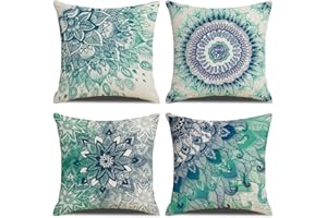 KSSKEN Fundas Cojines 45x45cm, Juego de 4 Fundas de Cojines Verde Modernas Boho Mandala Algodón Lino Decorativa Hogar Almohadas Fundas para Sala Sofá Cama Decoración para Hogar