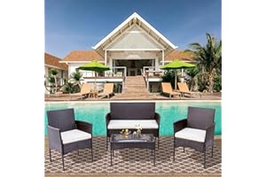 XEO HOME Outdoor Garden Rattan Furniture Sets 4-Seater 4 Piece Set 4PC Table and Chairs Set Black Chair Coffee Patio Gardens Balcony (Black)