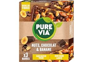 Pure Via Barres de Céréales Nuts, Chocolat & Banane - Riches en fibres - Sans sucre ajouté | 3 x 35g
