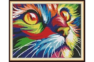 LECZANY DIY 14CT Kits de punto de cruz estampados Costura Línea completa de Kits de inicio de bordado preimpresos para principiantes - Gato de colores 39 x 32 cm