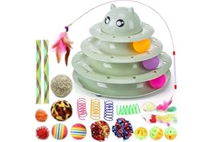 Suhaco 21 Pcs Jouets De Chat Interactif Pour Les Chats D'Intérieur Jouet De Chaton Rouleau Amusant 3 Niveau Chat Teaser Ballon Jouets Avec 3 Boules Colorées Baguette De Plume De Chat Kitty Jouet(Vert)