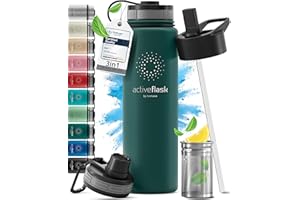 BEMAXX Botella de Agua Térmica ACTIVE FLASK + Pajita (3 Tapones) sin BPA - 1l & 500ml | Frasco Termo de Acero Inoxidable + Aislamiento Vacío | Cantimplora Aislada Bicicleta Deporte Caliente Fría Café Té