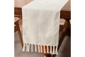 Wracra Baumwoll Leinen Tischläufer Bauernhaus Stil Beige Tischläufer 90cm mit Handquasten für Partys, Esszimmer-Dekorationen, Dessert-Tischdekoration(Beige, 90cm)