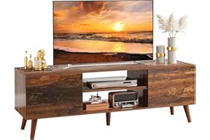 WLIVE Meuble TV pour téléviseur de 50, 55, 60 pouces, 136 cm de long, meuble TV avec 2 portes, meuble TV pour salon, salle à manger, chambre à coucher, marron vintage et noir