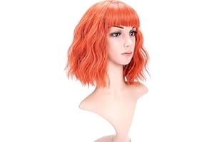 VCKOVCKO Short Bob Wigs Pastel Wavy Wig With Air Bangs Women's Shoulder Length Wigs Curly Wavy Synthetic Cosplay Wig Pastel Bob Wig for Girl Colorful Costume Wigs(12", Orange)