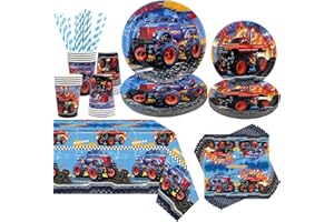 Obussgar Monster Truck Geburtstag Party Dekorationen - Monster Truck Party Supplies einschließlich Teller, Tasse, Serviette, Strohhalme, Tischtuch (20)