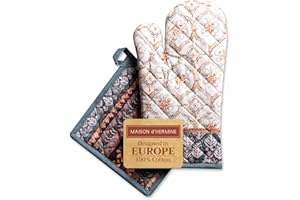 Maison d' Hermine Fair Isle Ensemble de Gants de Cuisine 100% Coton (19cm x 33cm) et manique (20cm x 20cm) pour Barbecue, Cuisson, Micro-Ondes, Thanksgiving/Noël