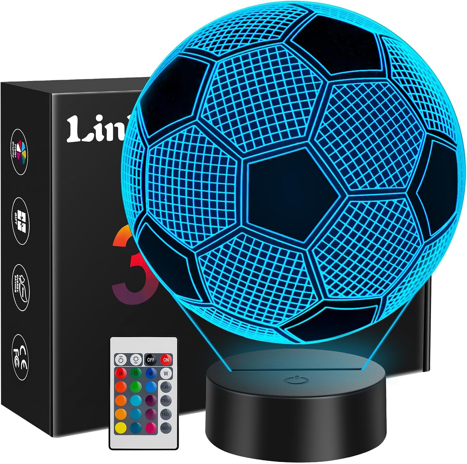 Linkax Football Gifts for Boys, 3D Illusion Football Night Light for Girl Bedroom Home Decoration, 16 Colors Change 5 6 7 8 9 10 11 12 Year Old Boy Birthday Christmas Easter Gifts for Teenage Boy