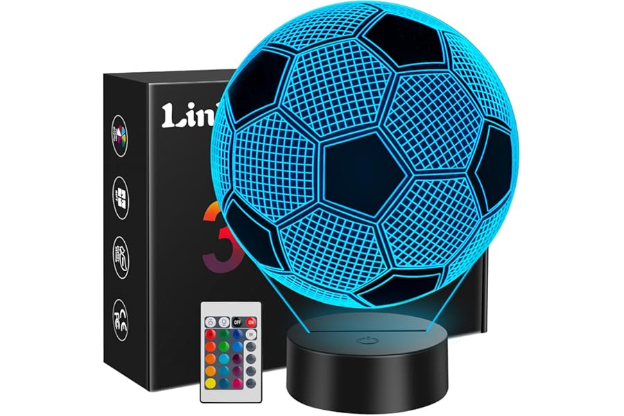 Linkax Football Gifts for Boys, 3D Illusion Football Night Light for Girl Bedroom Home Decoration, 16 Colors Change 5 6 7 8 9 10 11 12 Year Old Boy Birthday Christmas Easter Gifts for Teenage Boy