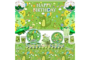 LSJDEER Crocodile Birthday Party Supplies - Crocodile Birthday Party Decorations Including Backdrop, Cake Topper, Plates, Cups, Napkins, Tablecloth, Balloon for Reptile Alligator Party Boy Kids
