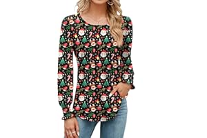 Rapbin Women's Long Sleeve Tops Fall Puff Tunic Tops Pleated Crew Neck T-Shirts Casual Loose Blouses with Smocked Cuffs