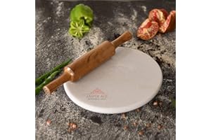 Jaipur Ace Indian White Marble Roti Maker with Wooden Belan 10 Inch Diameter White Marble Chakla & Rolling Pin Set.