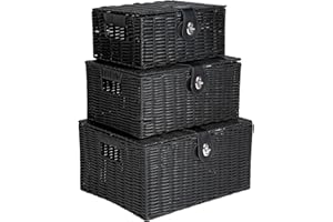 Innoteck Essentials Wicker Storage Basket Set with Lids - Handwoven Decorative Storage Boxes with Handles, Large, Medium & Small - Ideal for Home, Bathroom, Kitchen & Office Organisation (Black)