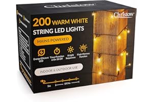 CHRISTOW Christmas Fairy Lights, Warm White LED String Lighting with Timer, Indoor & Outdoor, Tree Lights, Mains Operated, 8 Light Modes Flashing & Static, Green Cable (200 LED / 20m Lit Length)