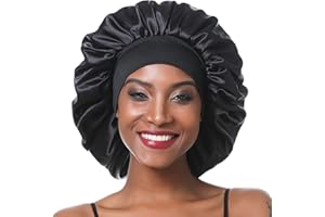 SENGTERM Bonnet de Nuit en Satin élastique à Large bande pour Femme,Cheveux Longs, Cheveux Bouclés (L, black)