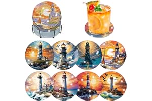 ‎LXMSJA Lxmsja 8 Pieces Diamond Painting Coasters Lighthouse with Holder, Diamond Painting Landscape, Diamond Painting Pictures Adults, Diamond Cup Coasters with Cork, Craft Creative Set for Adults