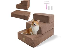 MIDOUAUTOUK Assembleable Dog Steps Stairs,Folding 3-Steps High Density Foam Steps, Soft Pet Ladder for Sofa Bed Couch, Washable Fabric Cover Nonslip Bottom Small Injured Old Cats Dogs brown