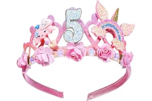 QIANYU 5 Jahr Geburtstagskrone Mädchen Geburtstag Niedliche Rosa Blumenkrone Tiara Haarband Krone Dekoration Nummer glitzernd Dekor für Geburtstagsparty Zubehör Geschenk