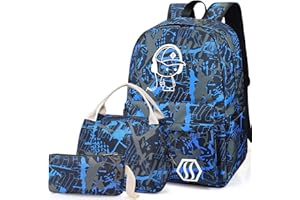 School Bag Kids 3-in-1 Bookbag Set, Junlion Laptop Backpack Lunch Bag Pencil Case Gift for Teen Boys