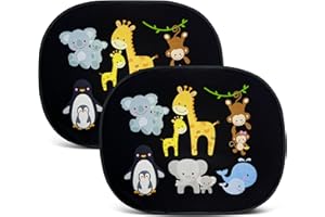 HECKBO samoprzylepna osłona przeciwsłoneczna do samochodu dla dzieci - uniwersalna osłona przeciwsłoneczna do samochodu dla dzieci [2 sztuki], Motyw: małe zwierzątka z mamą, 44x36cm, ochrona przed promieniowaniem UV, osłona przeciwsłoneczna na szybę samochodu, w komplecie z pokrowcem.