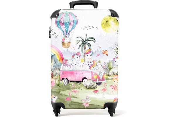 NoBoringSuitcases.com Valise Chariot à Bagages à Main Licorne - Montgolfière - Filles - Arc-en-Ciel Bagage Cabine imprimé 55x35x25 cm Valise de Voyage avec roulettes - Trolley