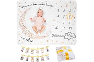 ODOXIA Coperta Mesi Neonato In Italiano | Per Maschio O Femmina, Unisex | Tema Luna E Stelle | Regalo Baby Shower Personalizzato Per Neomamme | Copertina Mesi Neonato | Con Festone Primo Compleanno
