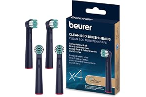 Beurer TB Clean Eco borsthuvuden för elektrisk tandborste, 4 borsthuvuden kompatibla med Oral-B tandborstar, borst av 100% förnybara råvaror, effektiv tandrengöring, medelhårdhet