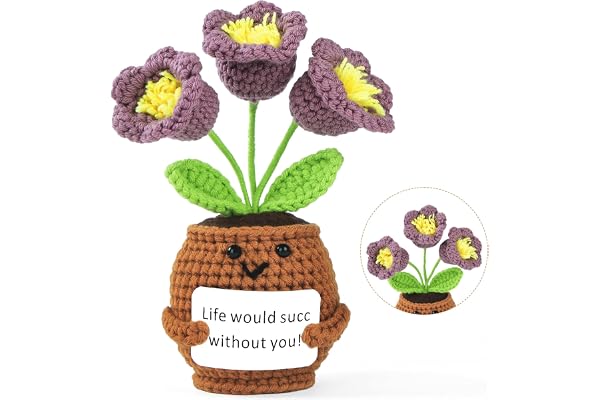 Vicloon Fleurs Positives, Cadeau de Fleurs au Crochet avec Carte d'Encouragement, Muguet Violet au Crochet Positif, Cadeau de Soutien Émotionnel pour Collègues Amie, Mini Tricotées en Plante