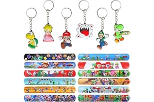 JUNMALLKO Bomboniere per Feste Super Mario, 12 Pezzi Bracciali Slap e 12 Portachiavi, Regalo di Compleanno per Bambini