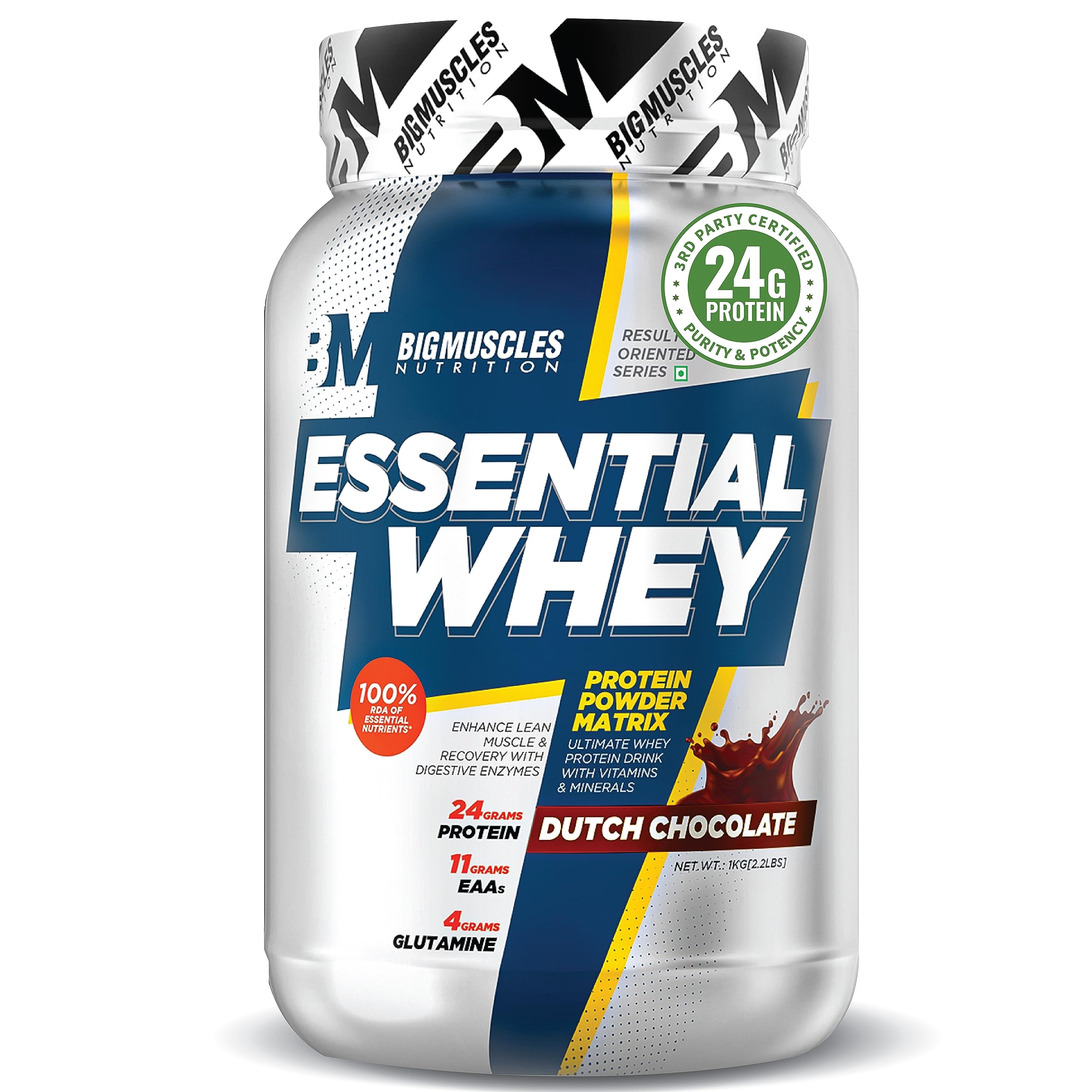 Bigmuscles Nutrition Essential Whey Protein 1Kg [Dutch Chocolate] | 24g Protein/serving with Digestive Enzymes,Vitamin & Mine