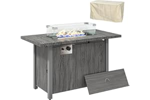 Outsunny Propane Gas Fire Pit Table for Garden, 50000 BTU Smokeless Firepit Outdoor Heater with Waterproof Cover, Glass Screen, Glass Beads and Lid, Wood Effect, 109 x 56 x 63cm, Dark Grey