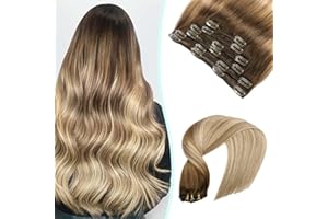 VINBAO Extension Clip Capelli Veri 50cm 120g Estension Capelli Ombre Marrone Scuro Mix Castano Medio e Bionda Extension Capelli Veri Clip in Umani Remy Capelli Lisci Spessi Per Donna (#C3/8/22,20")