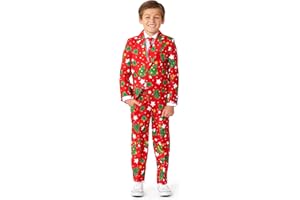 Suitmeister Boys Christmas Suits - Ugly Holiday Festive X-Mas Trees & Stars Print - Red - Includes Kids Blazer, Pants, Tie - Size M
