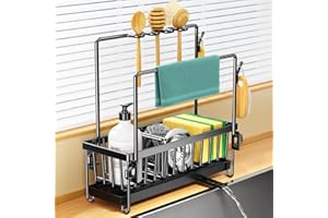 PKBD Organizer Lavello Cucina, Porta Spugne Cucina in Acciaio Inossidabile con Vassoio di Scarico Rimovibile, Divisori Rimovibili, Gancio per Strofinacci e Porta Spazzole, Nero