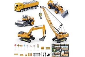 COOLPLAY Jouets de Chantier Moulés Sous Pression Pour Enfants Avec Grue à Tapis, Pelleteuse, Chargement de Roue, Rouleau de Route, Chariot élévateur et Sifflet à Neige Pour Garçons
