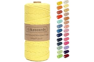 Likeecords Makramee Garn 3mm x 100m Baumwollgarn Makramee-Seil, Makramee-Schnur,Bunte Baumwoll-Bastelschnur zum Aufhängen Pflanzenaufhänger Basteln Stricken (gelb)