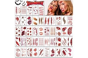 ADELANE 45Sheets Fake Scars Zombie Tattoos - Halloween Wounds Blood Vampire Bite Mark Face temporary Tattoo Stickers for Kids Adults, Chucky Makeup Props Make Up Costume Cosplay Masquerade Prank Party